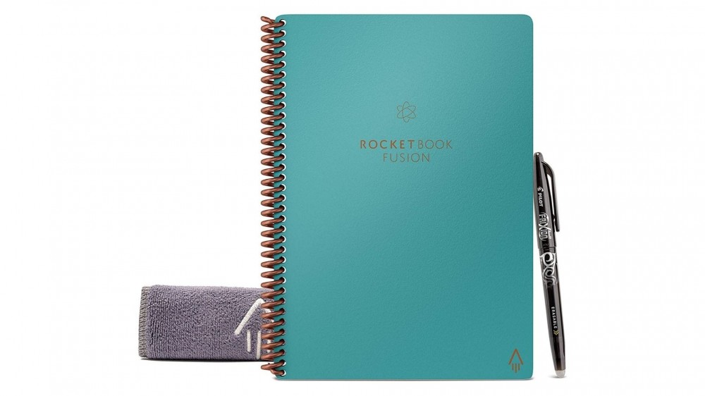 Rocketbook Fusion Smart Reusable Notebook in a teal color, with pilot frixion pen and reusable cloth