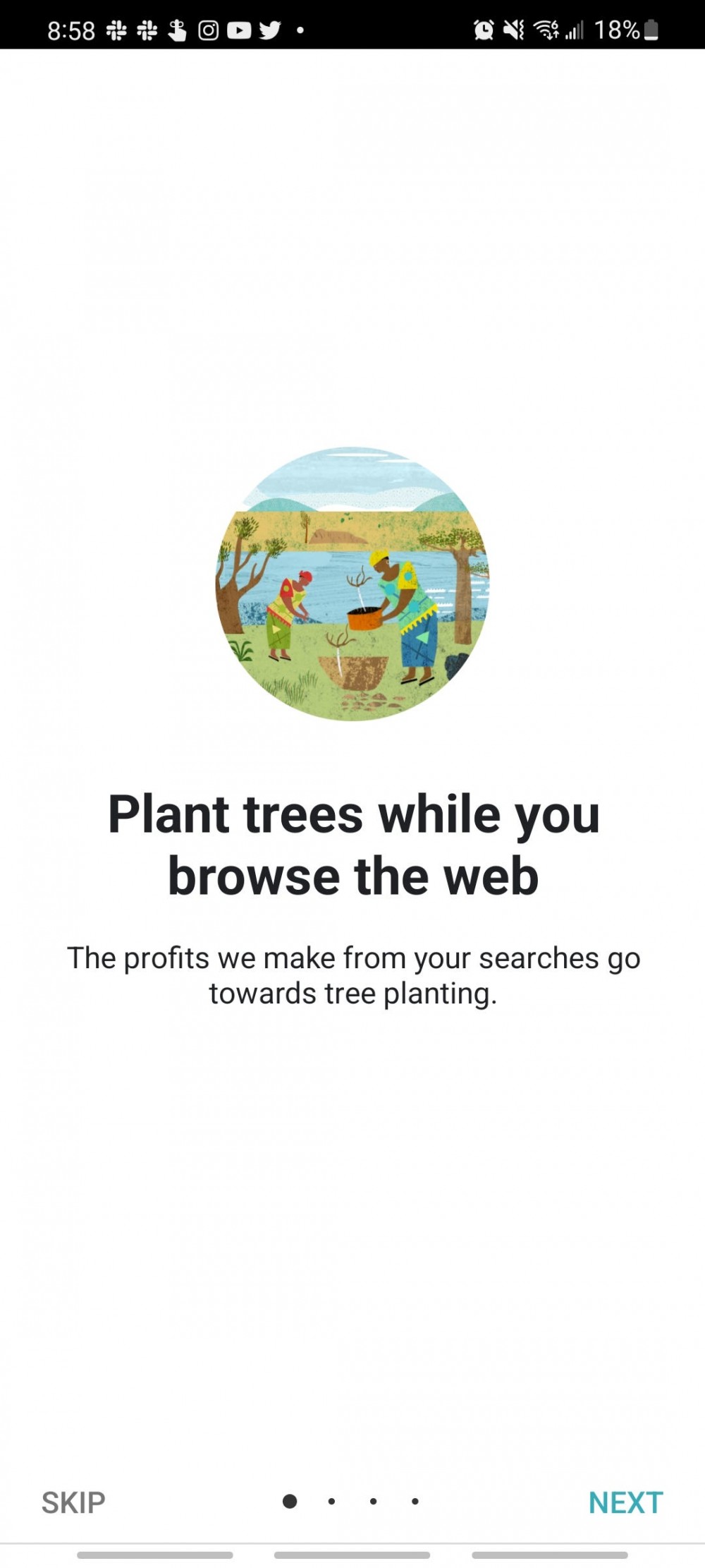 ecosia app introduction explaining how they plant trees