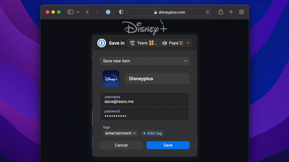 1Password 8 logging into Disney+