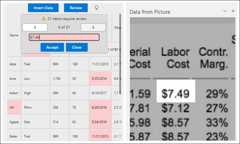 Scanning a table with the result "$7.49" highlighted for review