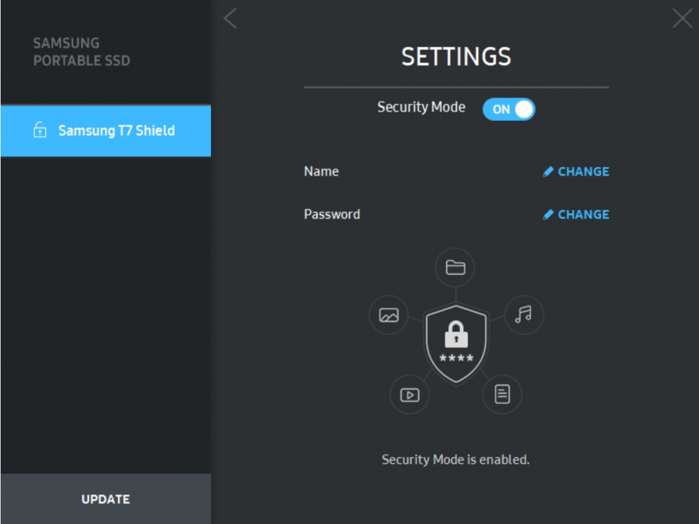 Samsung Portable SSD software Settings page