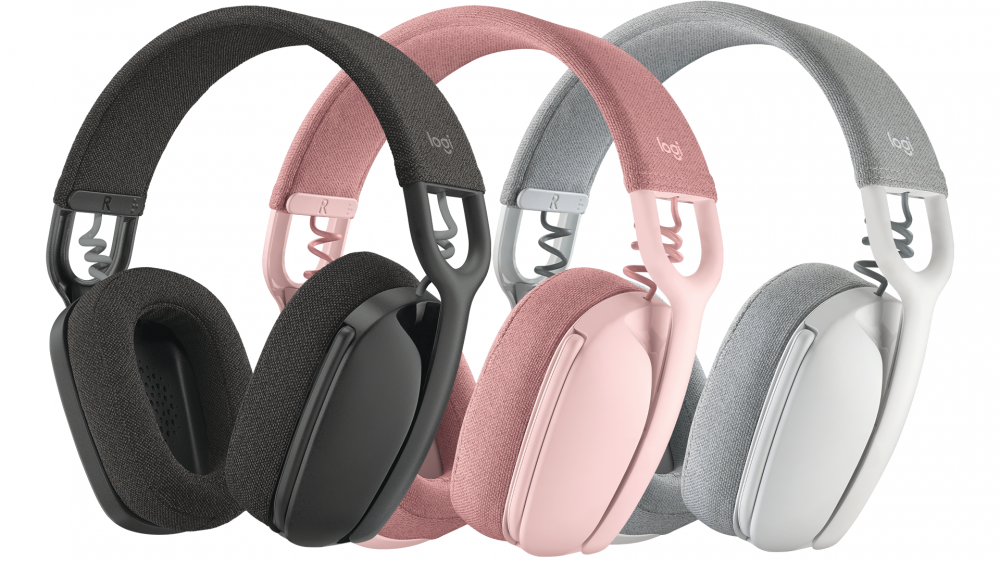 Logitech Zone Vibe 100 headset in black, pink, and white.