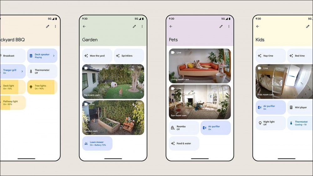 images of the new Google Home app interface showing the upcoming Spaces organization feature.