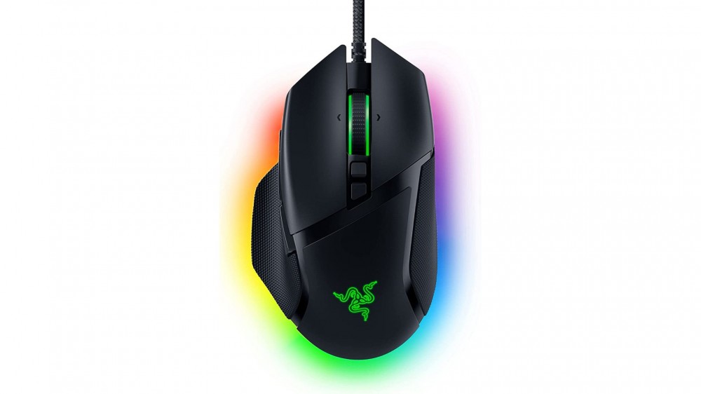 The Razer Basilisk V3 Gaming Mouse lights up in different colors.