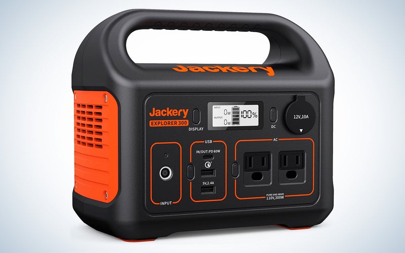 Jackery Explorer 300 solar generator on white with blue hue