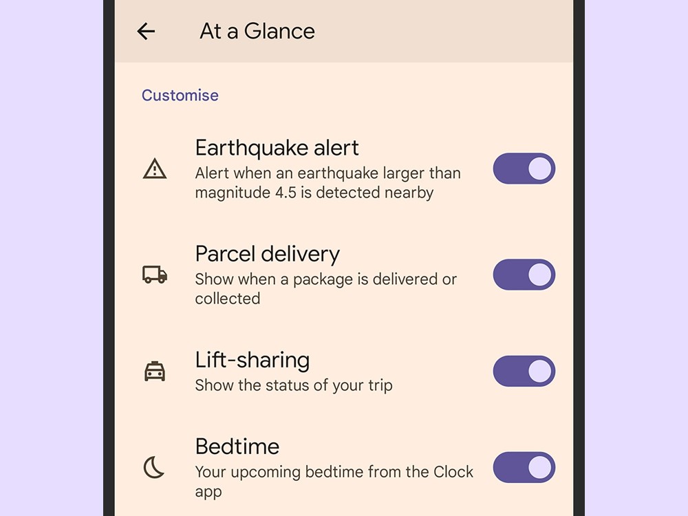 A Pixel phone showing the at-a-glance-widget settings.